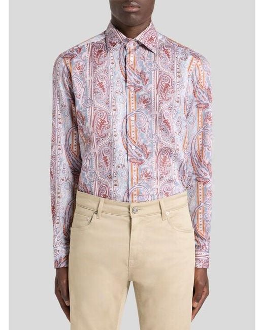 Etro Pink Paisley Cotton Satin Shirt for men