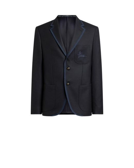 Etro Blue Single-Breasted Wool Jacket With Pegaso Logo for men