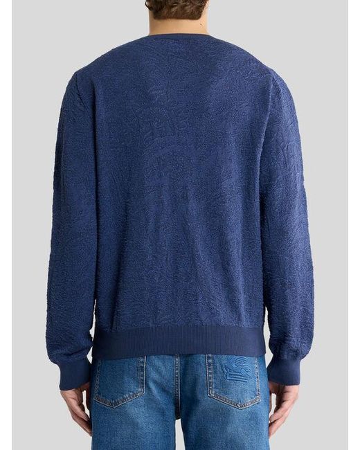 Etro Blue Cotton Sweater With Floral Paisley Motif for men