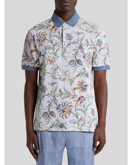 Etro Blue Cotton Polo Shirt With Floral Motif for men