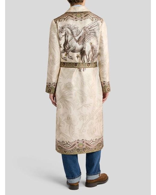 Etro Natural Silk Twill Robe Coat With Placed Pegaso Print And Paisley for men