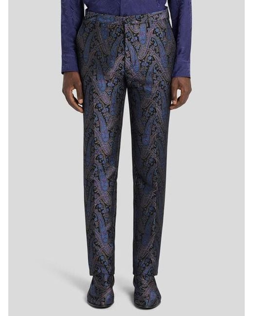 Etro Blue Chenille Jacquard Trousers With Metallic Paisley Motif for men