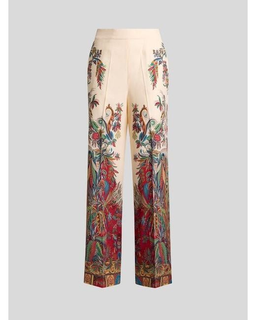 Etro White Silk Trousers With Placed Paisley Foliage Print