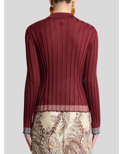 Etro Red Ribbed Polo Shirt With Pegaso Buttons