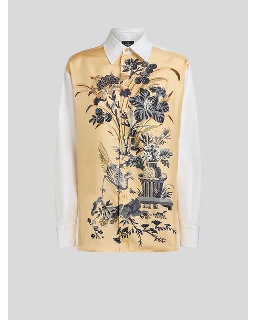Etro White Cotton And Silk Shirt With Placed Floral Print On The Front