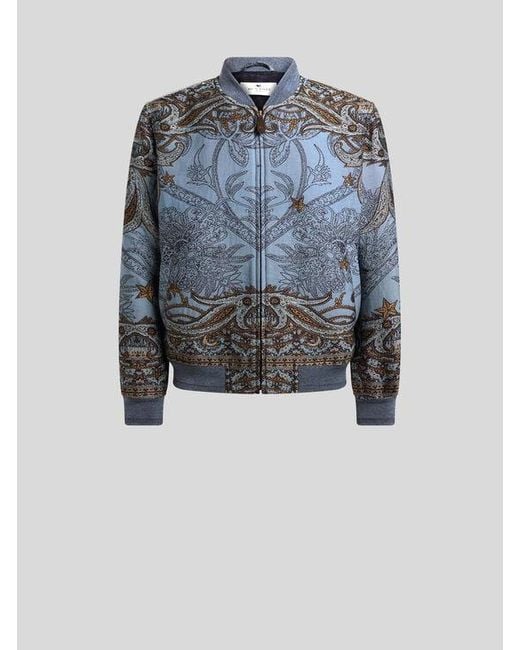Etro Blue Wool-Blend Jacquard Bomber Jacket With Placed Pegaso Motif for men