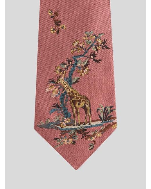 Etro Pink Silk Jacquard Tie With Placed Giraffe Motif for men