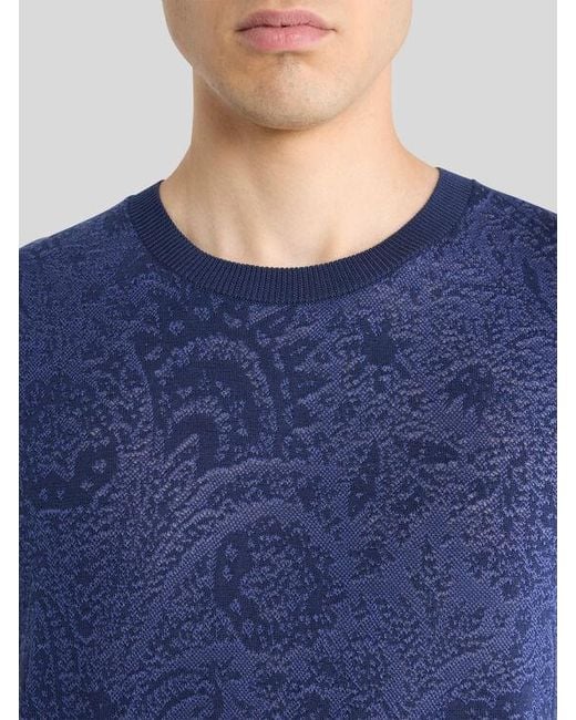Etro Blue Knit Cotton T-Shirt With Floral Paisley Motif for men