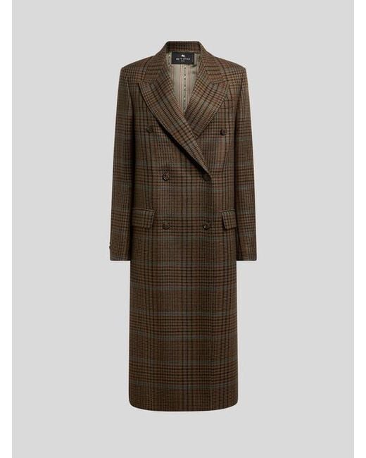 Etro Brown Double-Breasted Wool Coat With Prince Of Wales Motif