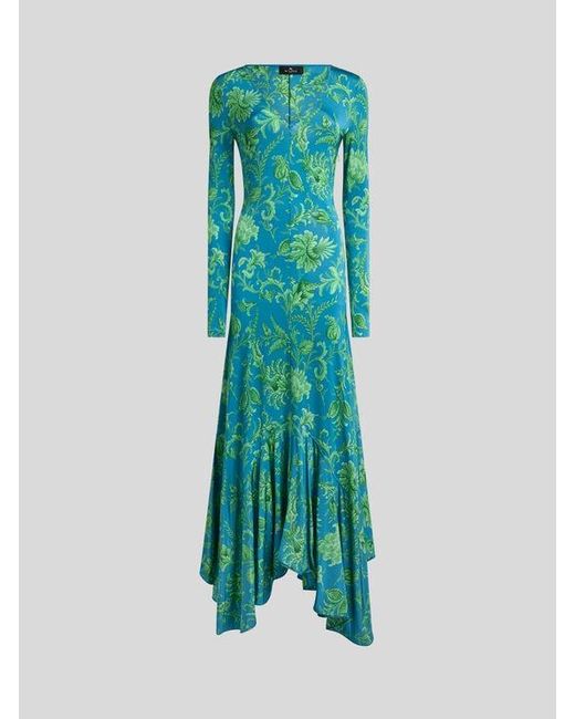 Etro Green Long Stretch Jersey Dress With Floral Motif