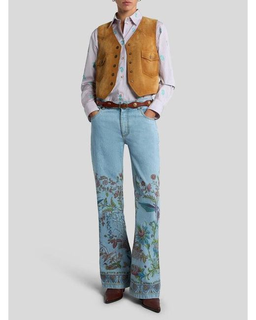 Etro Blue Flared Denim Jeans With Placed Flora And Fauna Print