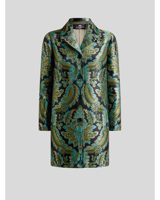 Etro Green Coat With Flower And Bee Jacquard Motif