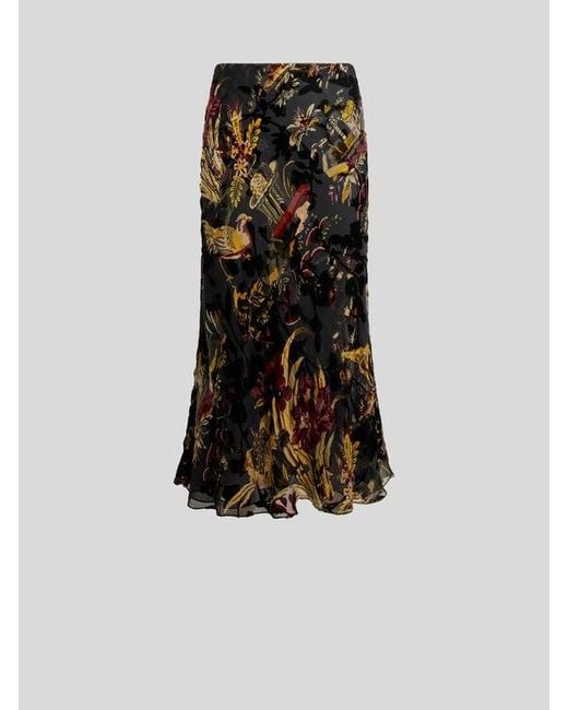 Etro Black Silk-Blend Burnout Velvet Midi Skirt With Flower And Animal Motif