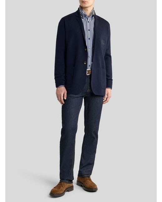 Etro Blue Single-Breasted Wool Jacket With Embroidered Logo for men
