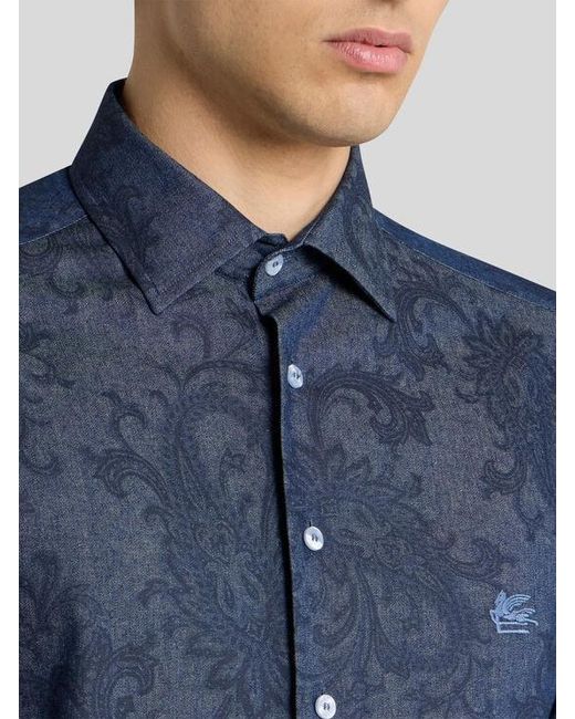 Etro Blue Cotton Denim Shirt With Leafy Paisley Motif And Pegaso for men