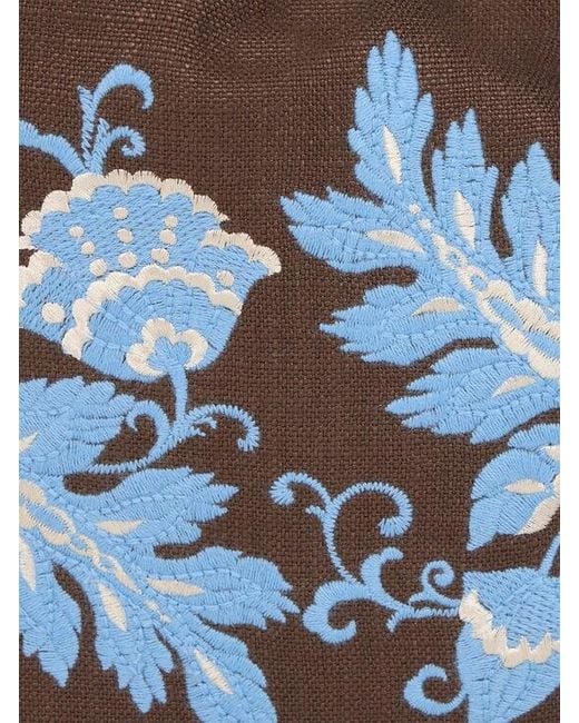 Etro Blue Medium Linen-Blend Kalispera Bag With Embroidery
