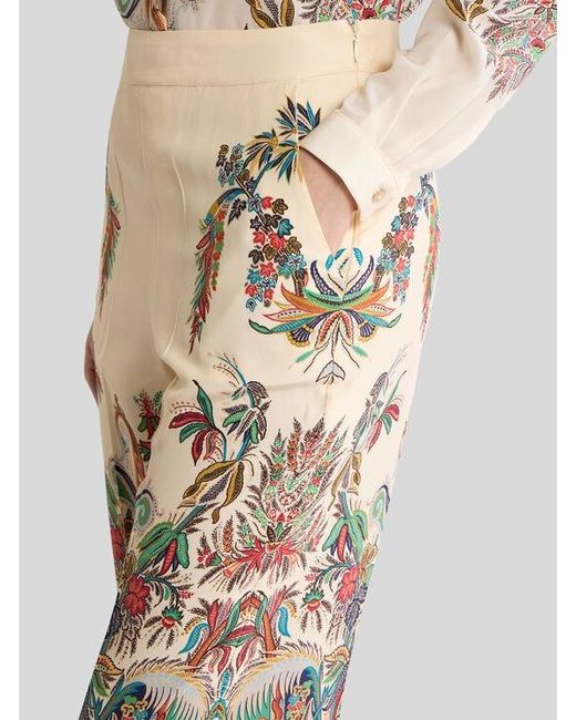 Etro White Silk Trousers With Placed Paisley Foliage Print