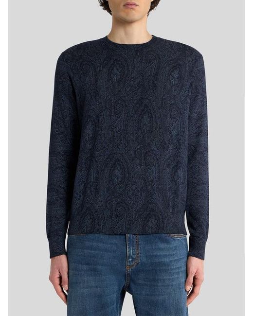 Etro Blue Cotton-Blend Sweater With Floral Arnica Motif for men
