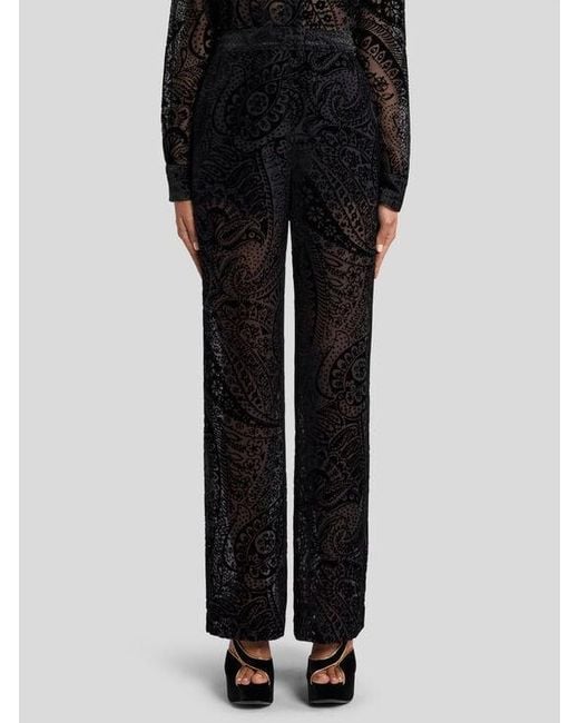 Etro Black Burnout Velvet Palazzo Trousers With Floral Paisley Motif
