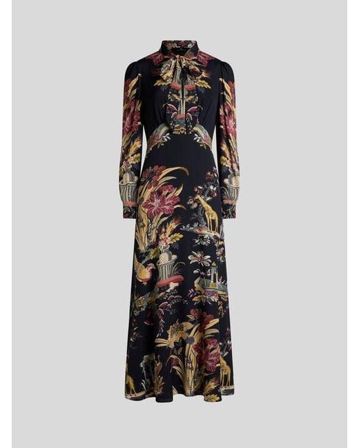 Etro Black Long Dress With Silk Scarf And Placed Flower And Animal Print