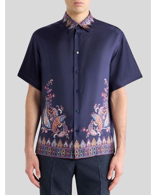 Etro Blue Short-Sleeved Silk Shirt With Placed Print for men