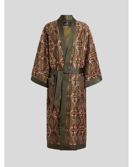 Etro Green Kimono Coat With Beads And Floral Medallion Embroidery