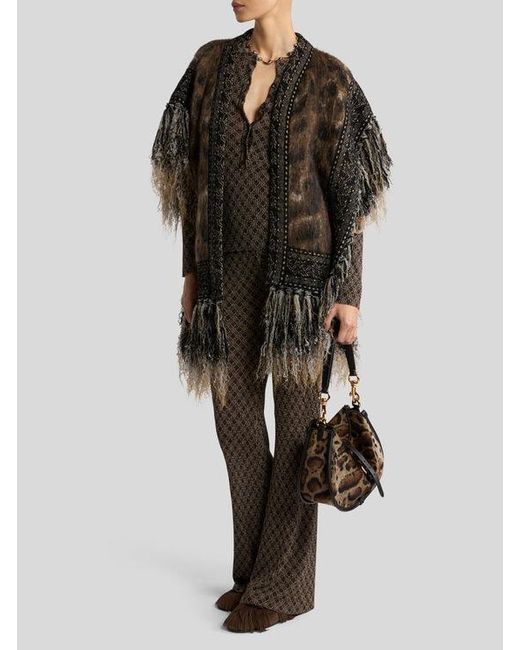 Etro Brown Mohair-Blend Jacquard Cape With Fringing And Leopard Motif