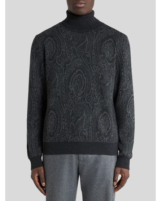Etro Blue Wool-Blend Jacquard Turtleneck With Arnica Motif for men