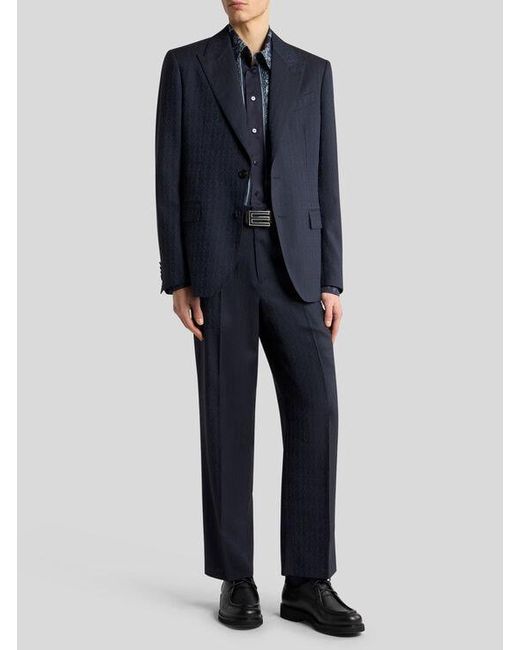 Etro Blue Wool Jacquard Trousers for men