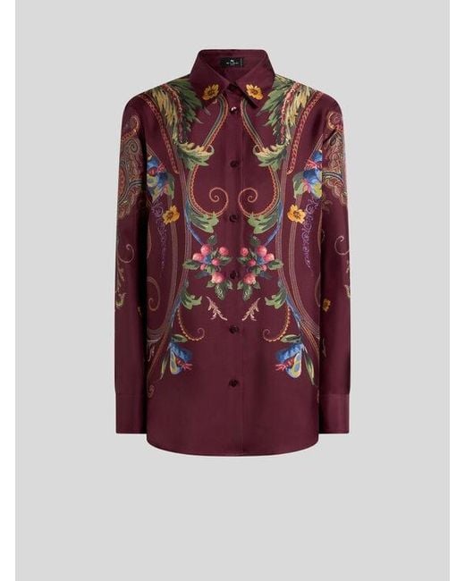 Etro Purple Silk Shirt With Placed Floral Paisley Print