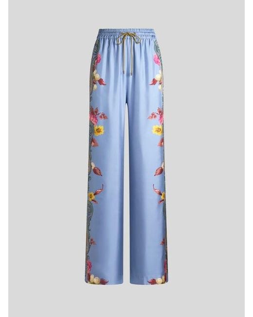 Etro Blue Silk Trousers With Placed Floral Paisley Print