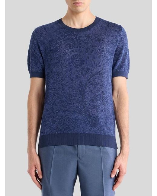 Etro Blue Knit Cotton T-Shirt With Floral Paisley Motif for men