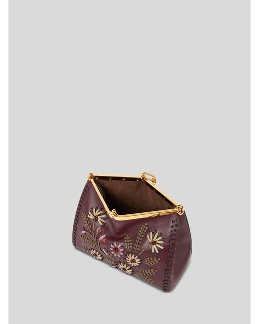 Etro Purple Medium Leather Vela Bag With Threading And Floral Motif