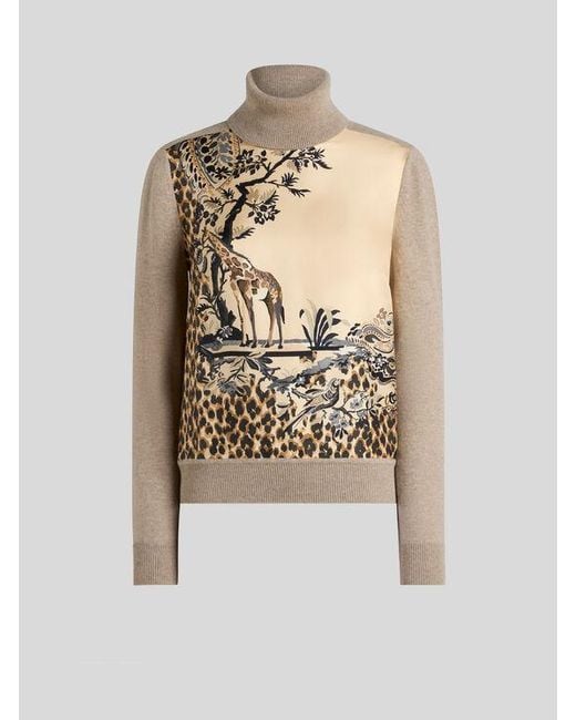 Etro White Wool-Blend Turtleneck Sweater With Placed Animal And Paisley Print
