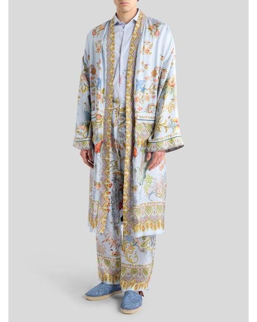 Etro White Silk Robe With Placed Flora And Fauna Print for men