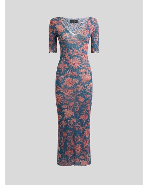 Etro Blue Stretch Tulle Midi Dress With Floral Motif