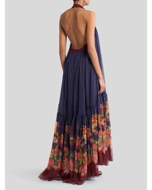 Etro Blue Boho Dress With Open Back And Flounce