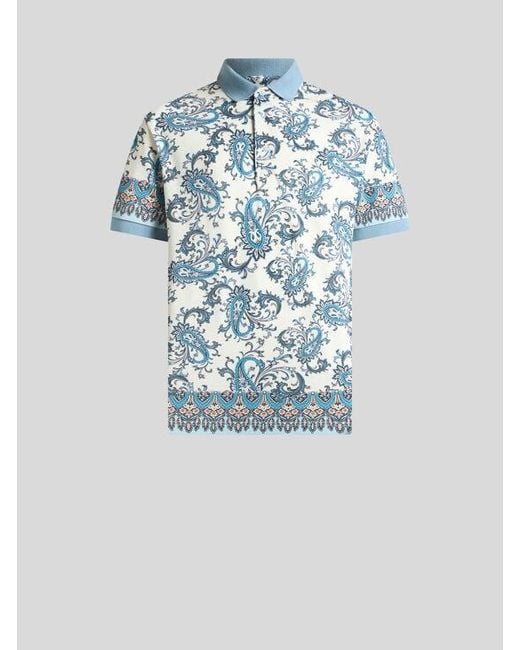 Etro Blue Cotton Polo Shirt With Placed Print for men