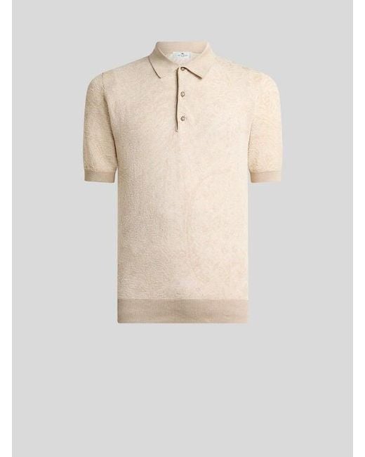 Etro Natural Knit Cotton Polo Shirt With Floral Paisley Motif for men