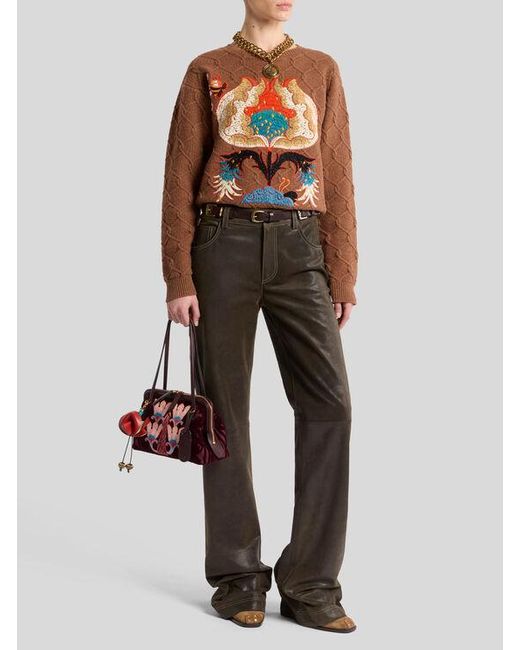 Etro Brown Wool Sweater With Floral Embroidery