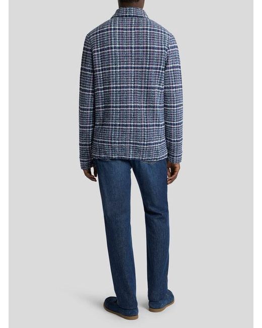 Etro Blue Knit Cotton-Blend Jacquard Jacket With Maxi Check Motif for men