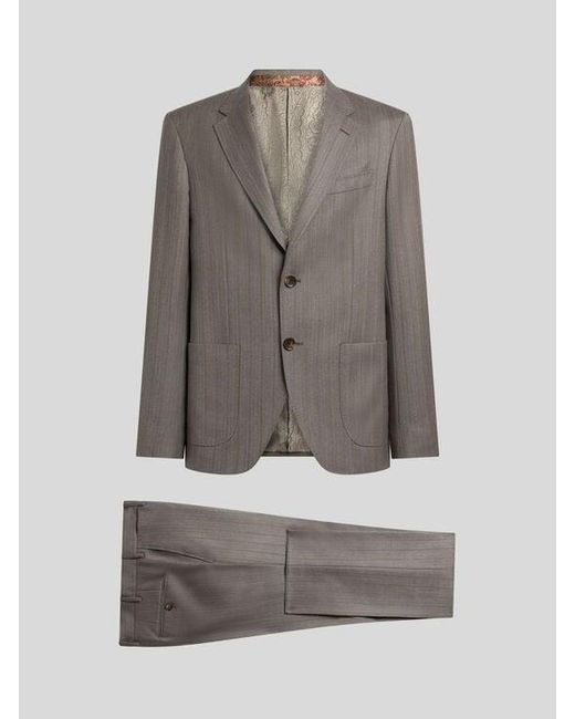 Etro Gray Single-Breasted Wool Suit With Chevron Stripes for men