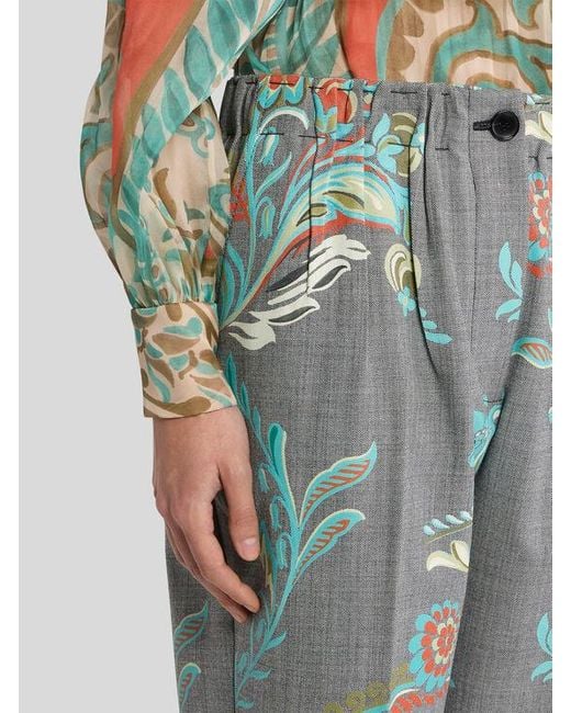Etro Blue Wool-Blend Trousers With Daffodil Print
