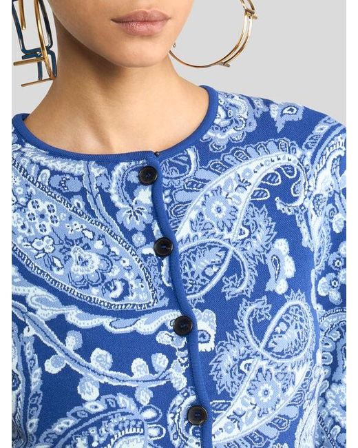 Etro Blue Jacquard Cropped Cardigan With Floral Paisley Motif