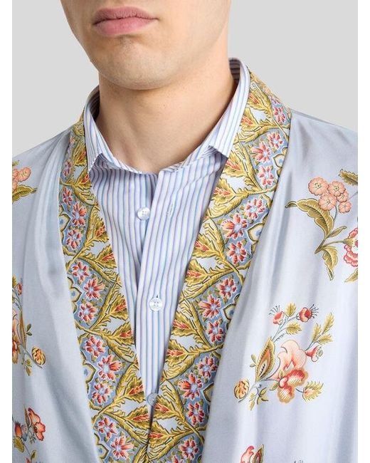 Etro White Silk Robe With Placed Flora And Fauna Print for men