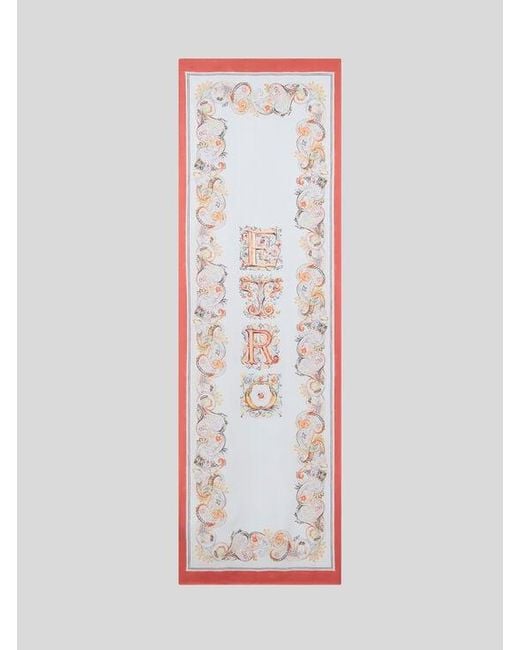 Etro White Silk Scarf With Logo And Floral Paisley Motif