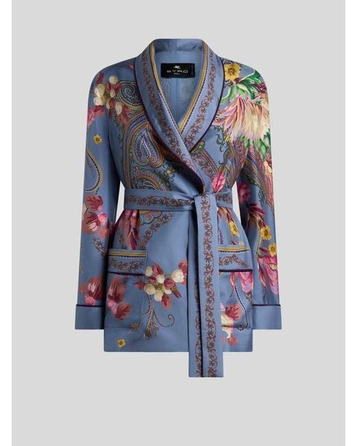 Etro Blue Silk Jacket With Belt And Floral Paisley Motif