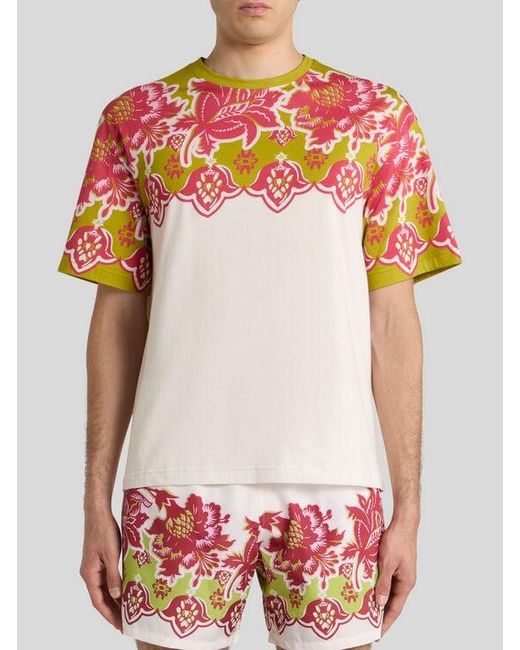 Etro Pink Cotton T-Shirt With Placed Floral Print for men