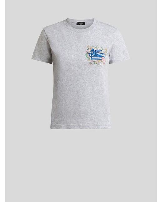 Etro Gray T-Shirt With Embroidered Pegaso And Monogram