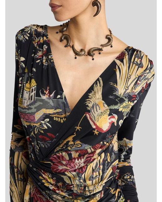 Etro Black Long Jersey Wrap Dress With Flower And Animal Motif